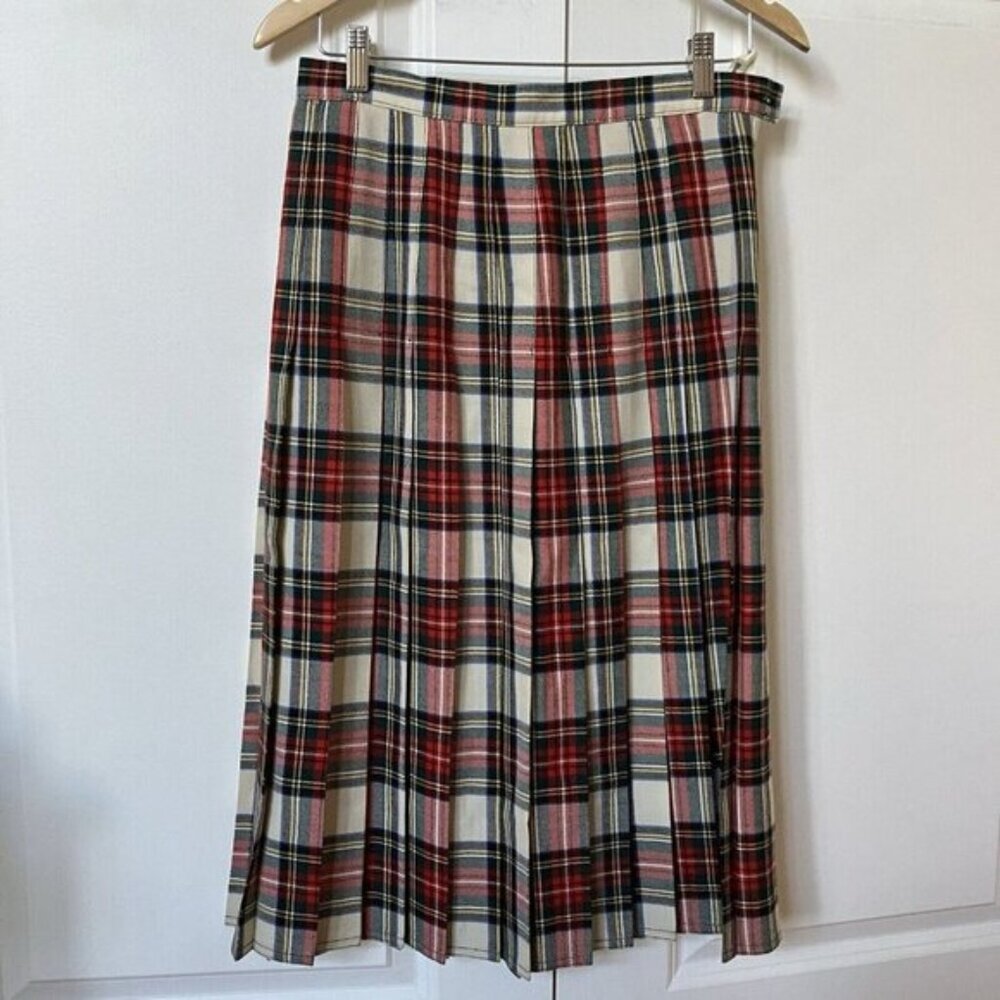 Vintage Plaid Kilt Skirt Womens 26 Wool Red White Tartan Pleated Long Holiday